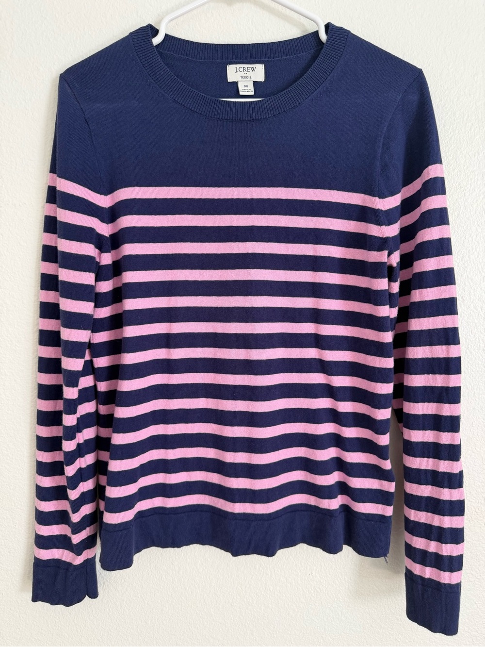 J. Crew Navy and Pink Striped Crewneck Sweater